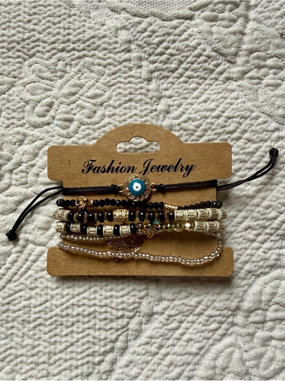 Fashion Jewelry Black, Cream and Blue Layered Beaded Bracelet Set